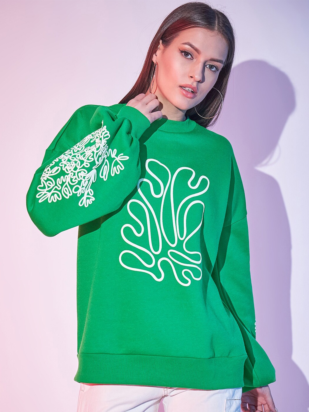 

STREET 9 Graphic Printed Pure Cotton Fleece Pullover, Green