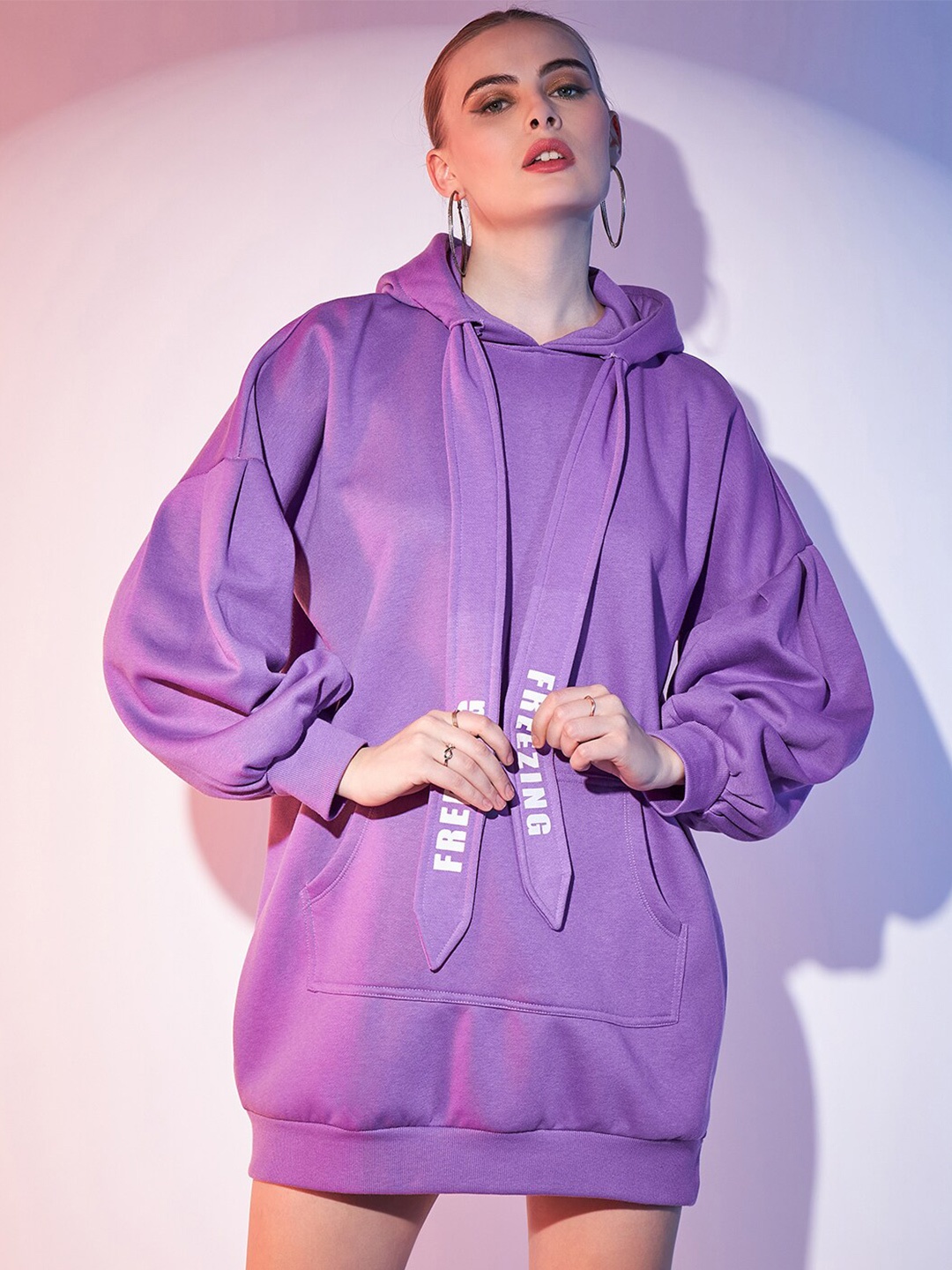 

STREET 9 Typography Printed Cuffed Sleeves Fleece & Cotton Mini Hooded T-shirt Dress, Lavender