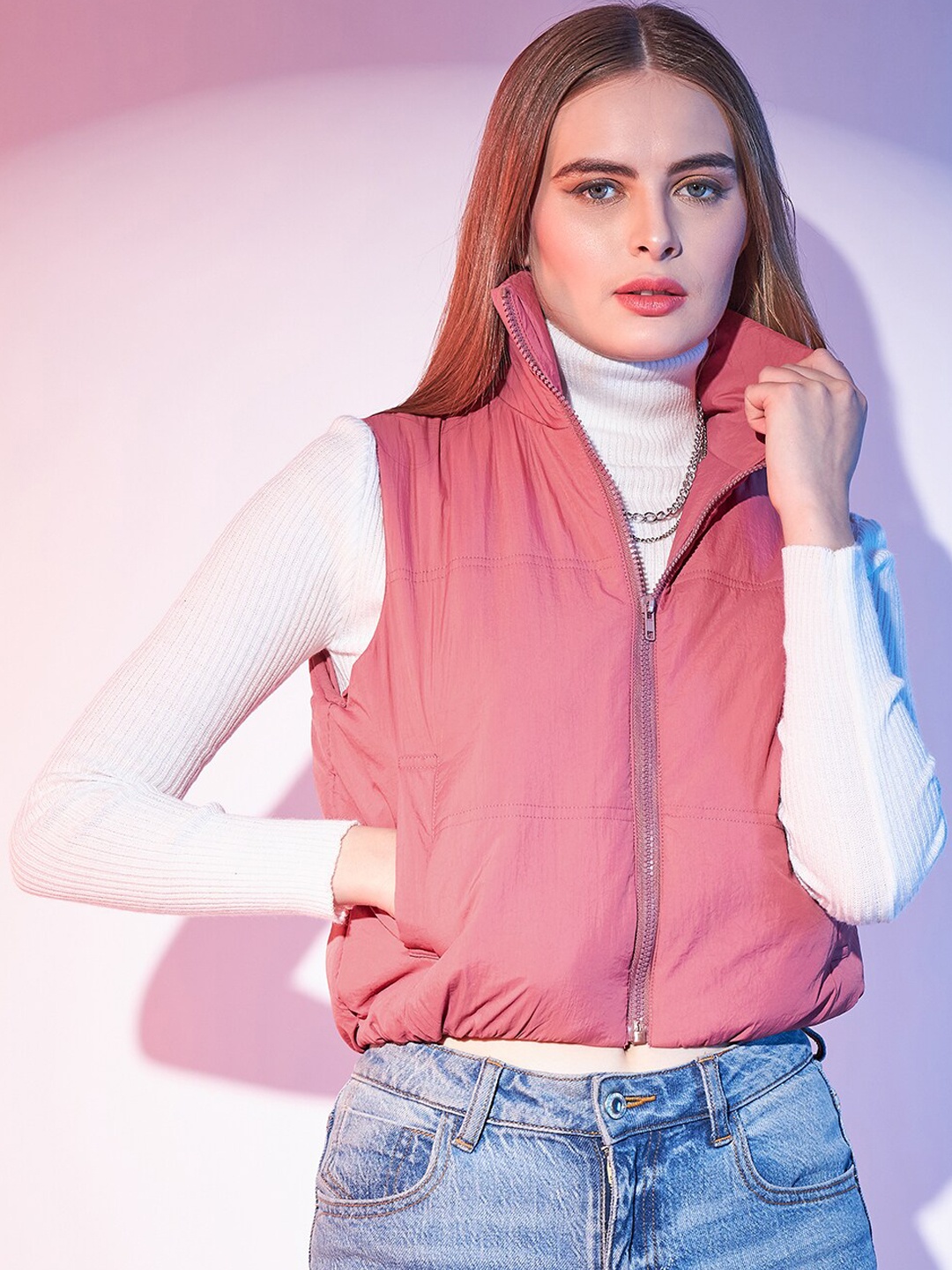 

STREET 9 Pink Stand Collar Lightweight Sleeveless Crop Puffer Jacket