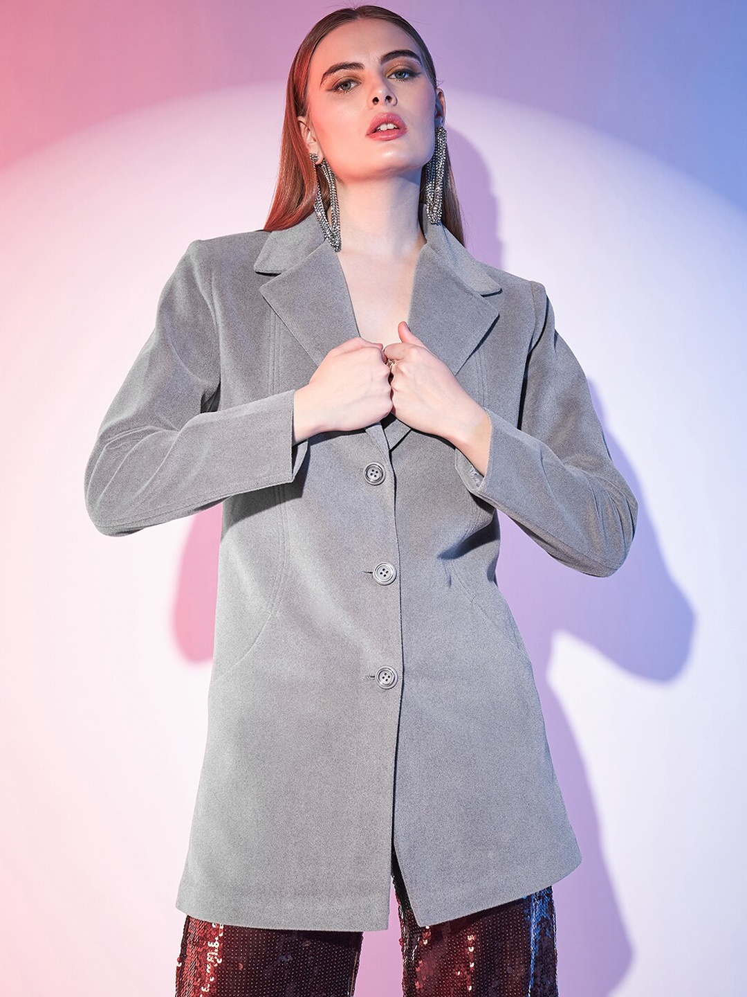 

STREET 9 Notched Lapel Long Sleeves Satin Single-Breasted Overcoat, Grey