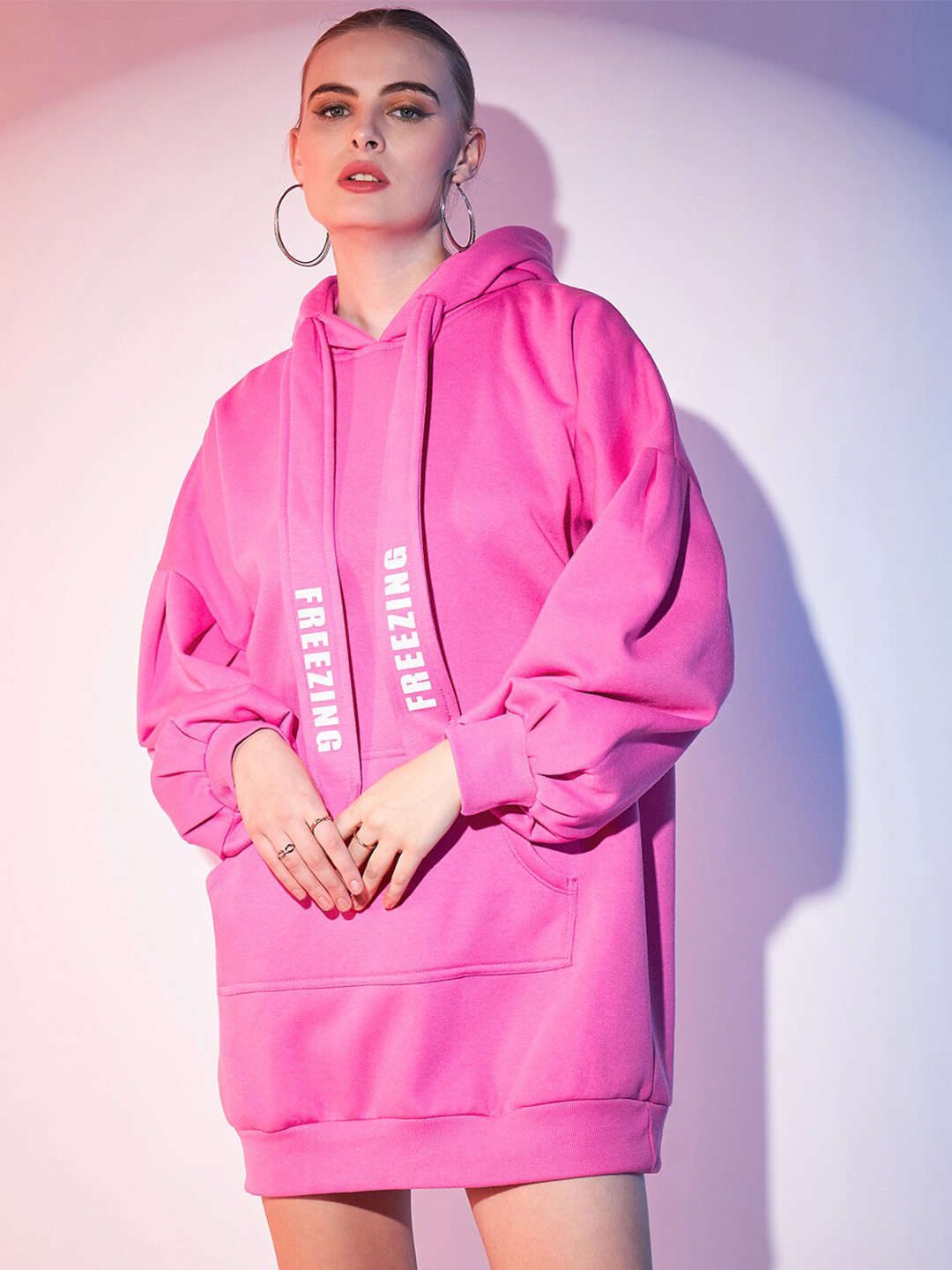 

STREET 9 Typography Printed Cuffed Sleeves Fleece & Cotton Mini Hooded T-shirt Dress, Fuchsia