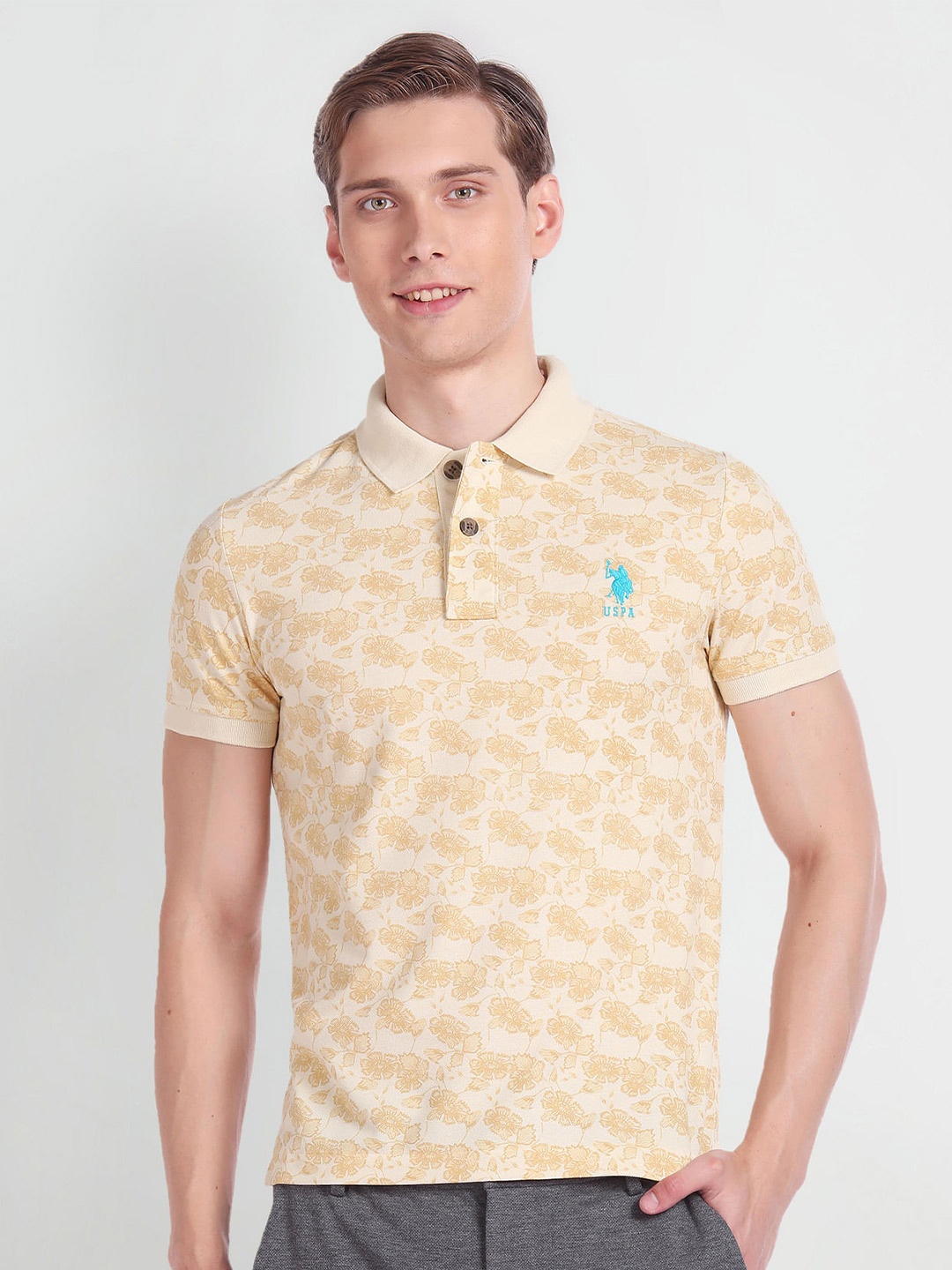 

U.S. Polo Assn. Denim Co. Floral Printed Polo Collar Casual T-shirt, Beige