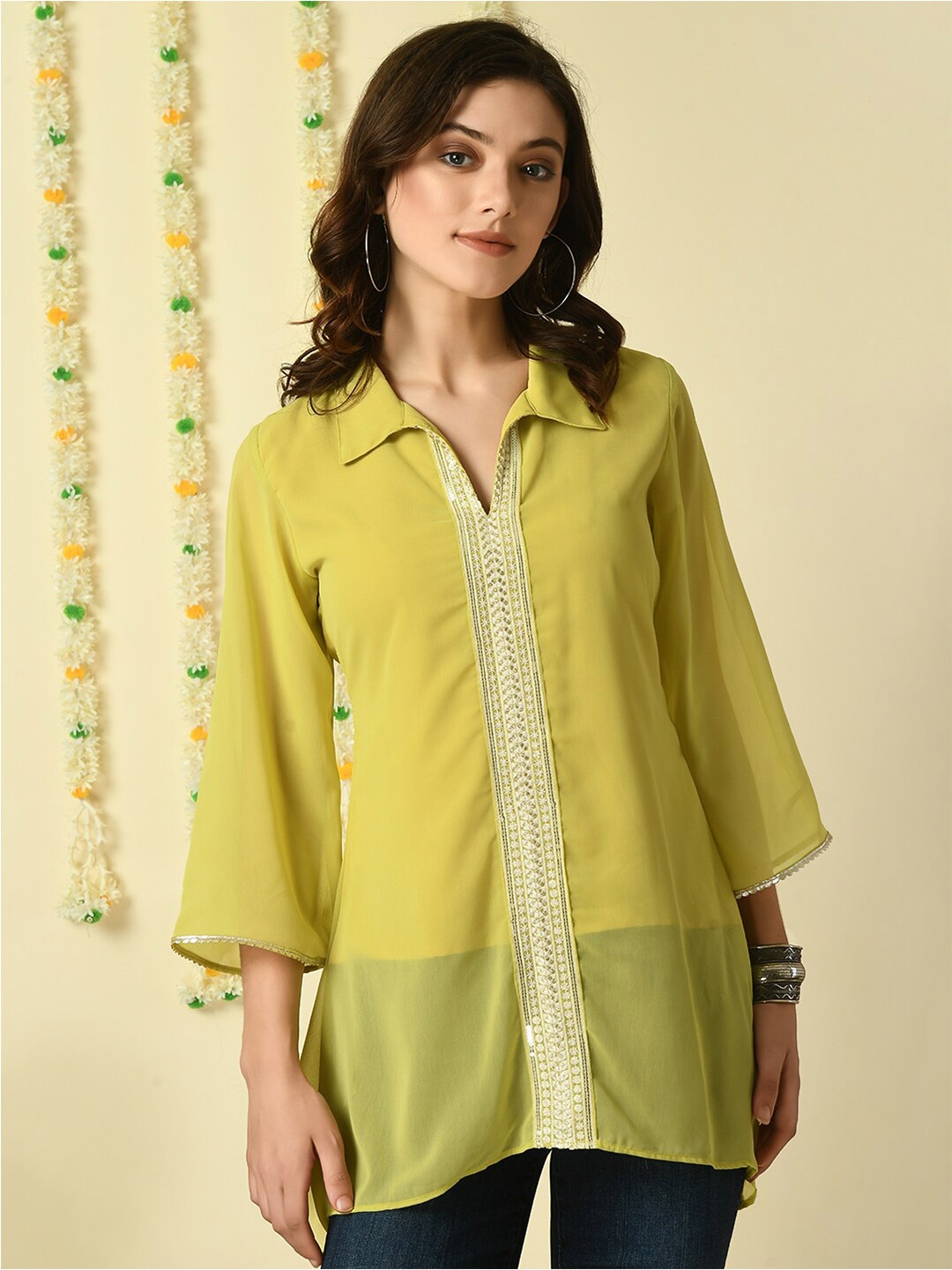 

KALINI Embellished Shirt Collar Flared Sleeves Longline Top, Yellow