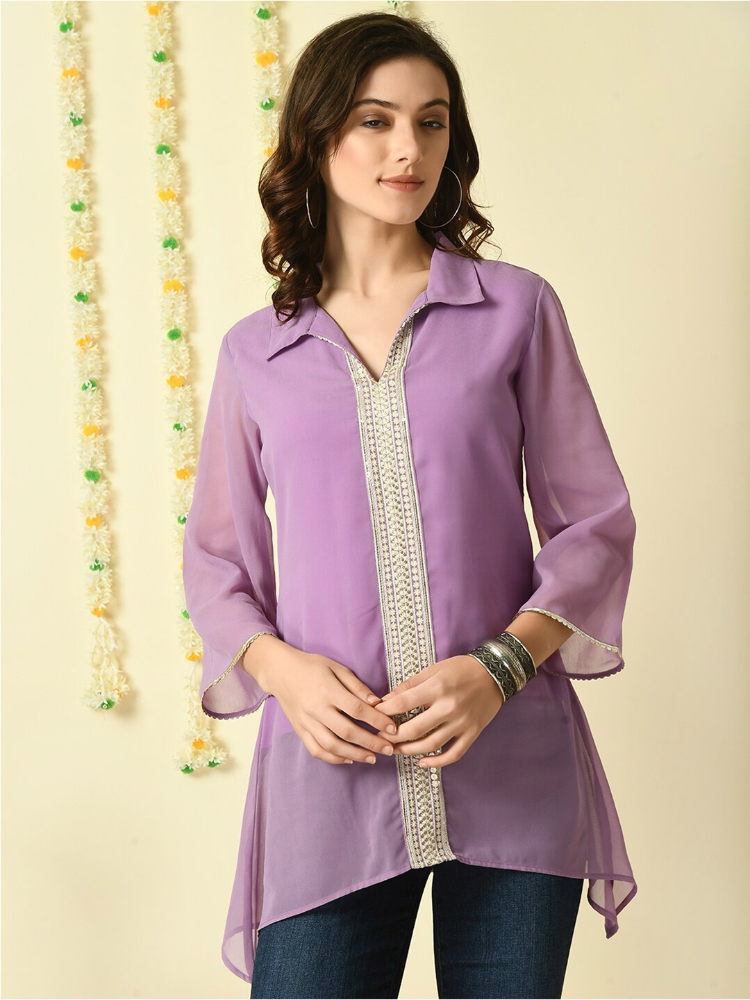 

KALINI Ethnic Motifs Embroidered Shirt Collar Georgette Longline Top, Purple