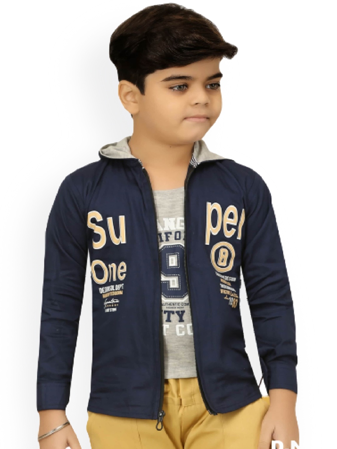 

BAESD Boys Typography Printed Hooded Lightweight Open Front Jacket, Navy blue