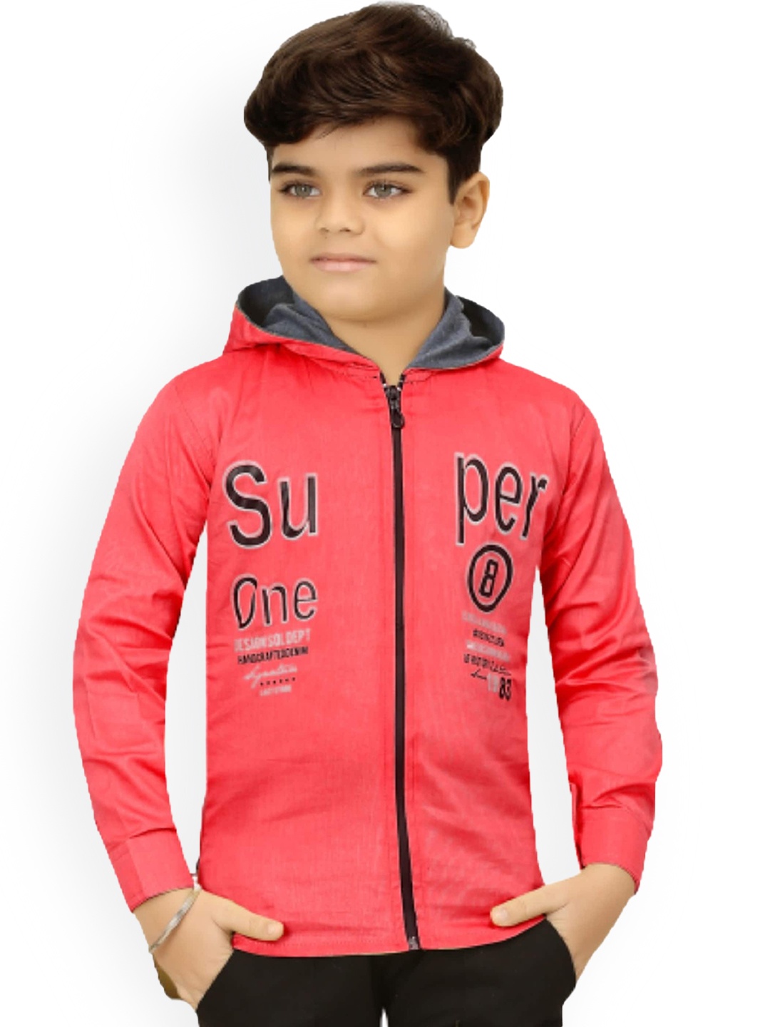 

BAESD Boys Typography Printed Hooded Lightweight Open Front Jacket, Red