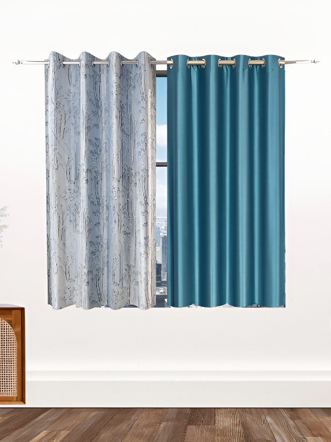 

Ville Style Blue & Grey 2 Pieces Floral Room Darkening Window Curtains