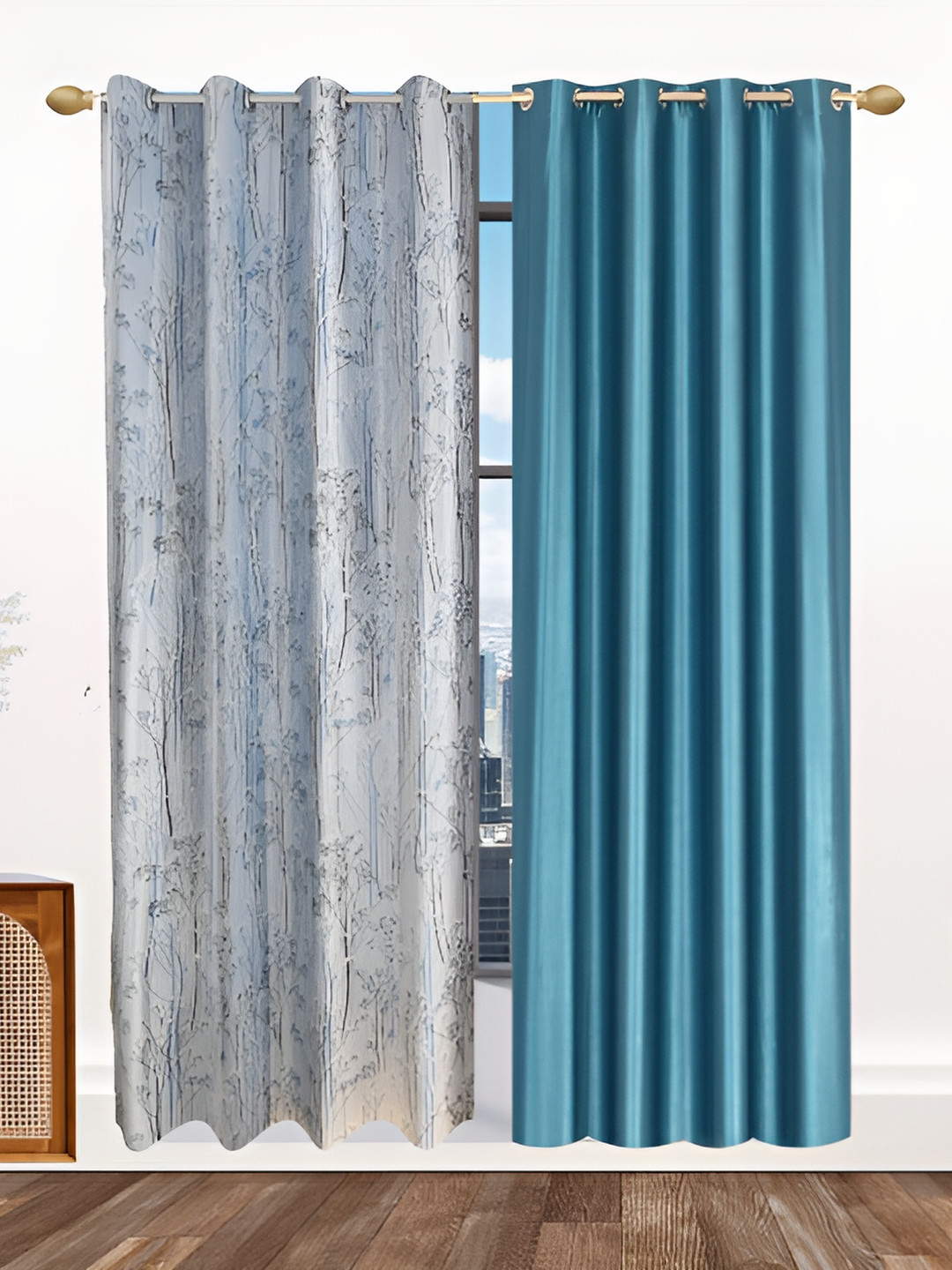 

Ville Style Blue & Grey 2 Pieces Floral Room Darkening Door Curtains
