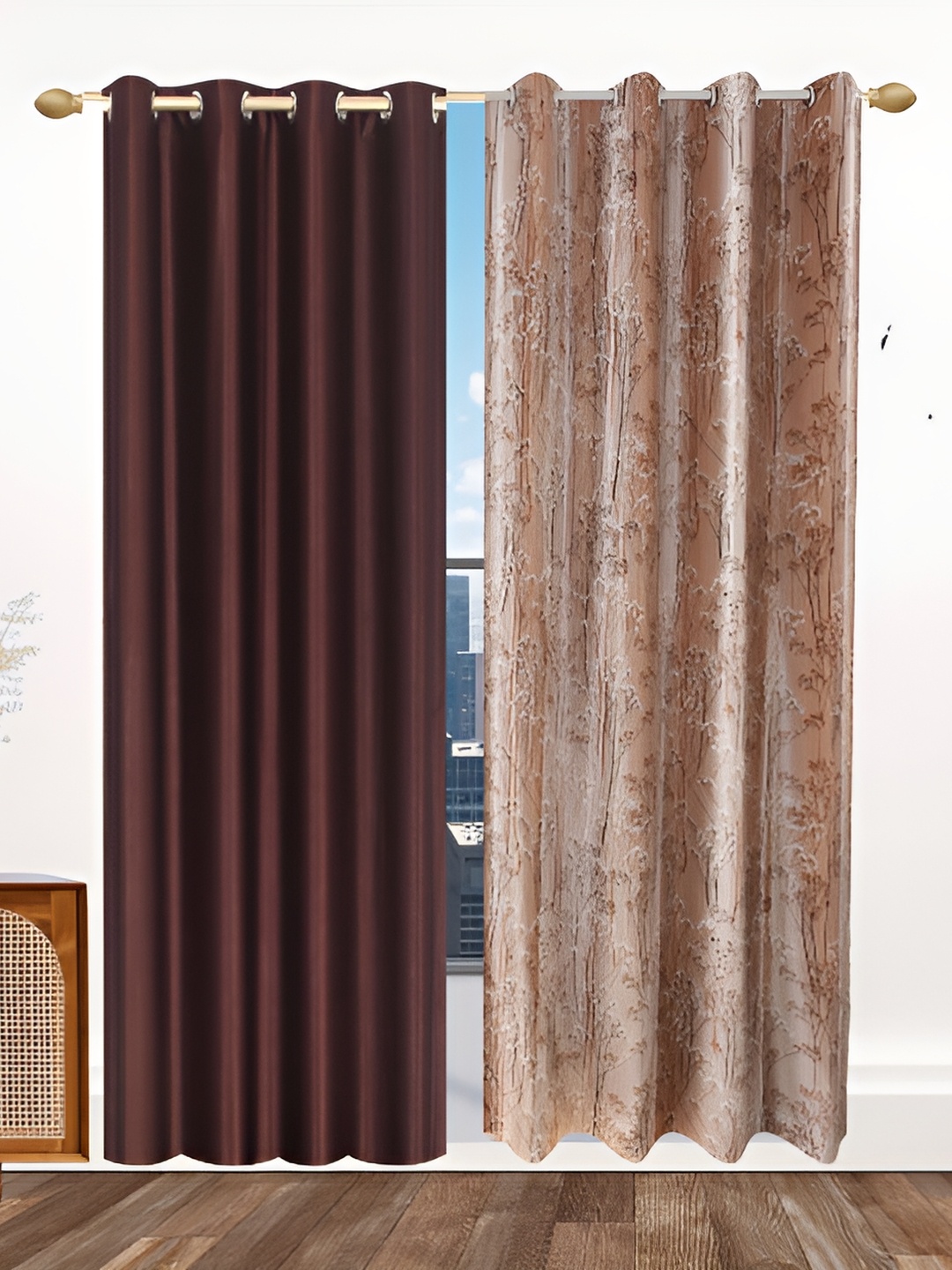 

Ville Style Brown & Beige 2 Pieces Floral Room Darkening Door Curtains