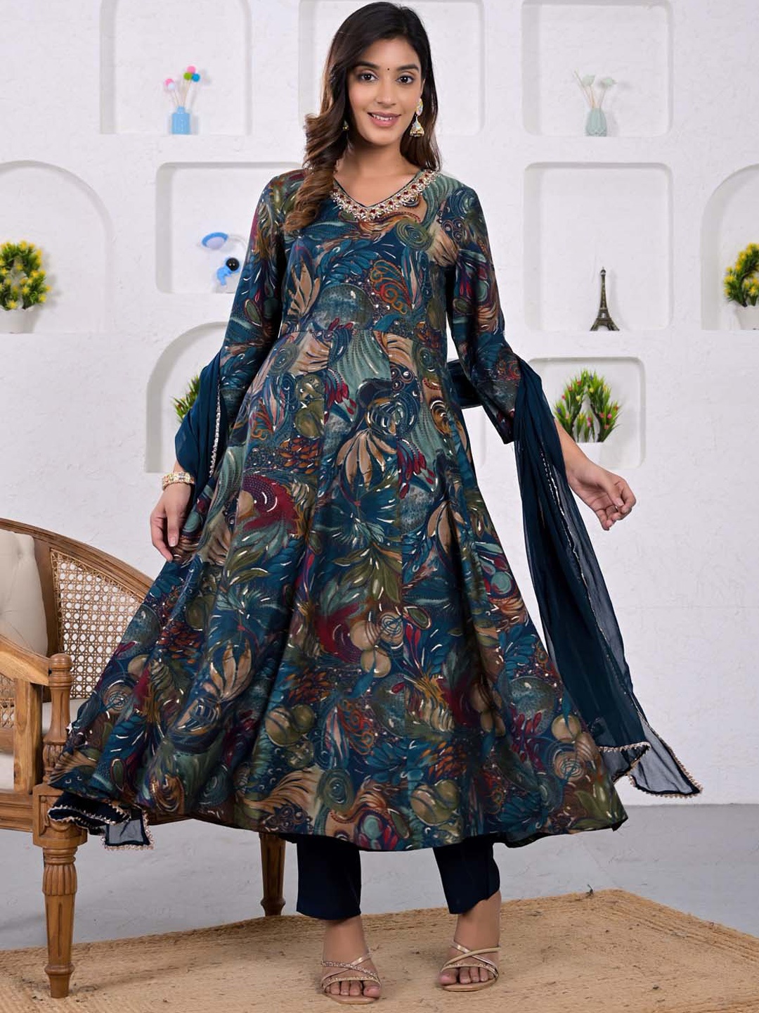 

Meena Bazaar Floral Printed Anarkali Chanderi Kurta With Trouser & Dupatta, Blue