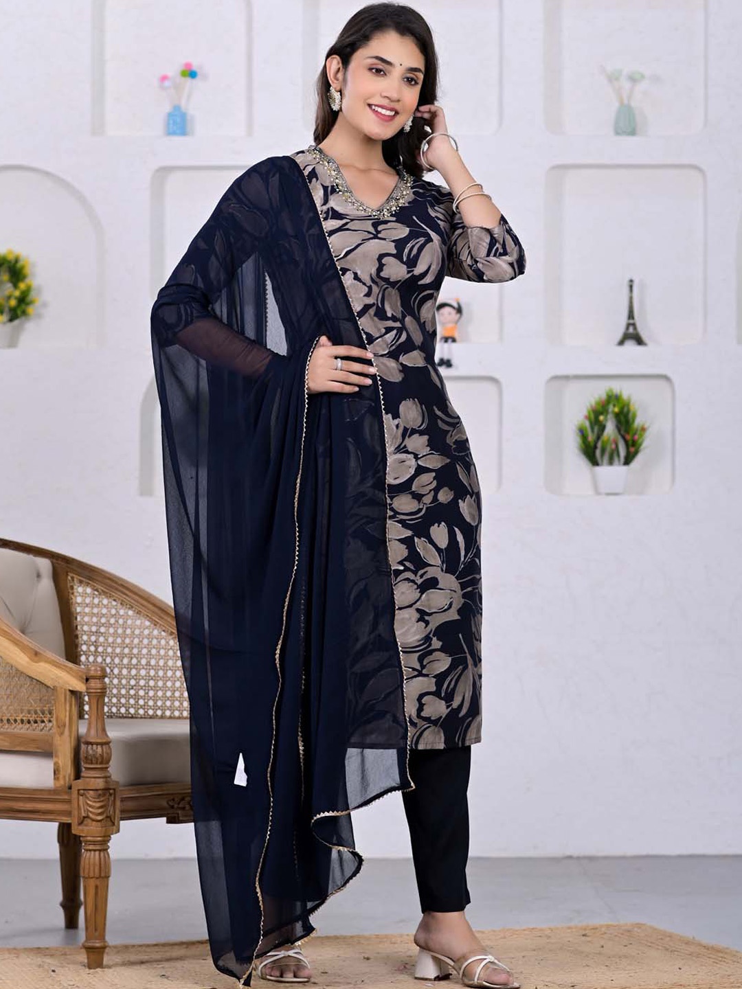 

Meena Bazaar Floral Printed Beads & Stones Chanderi Straight Kurta With Trouser & Dupatta, Navy blue