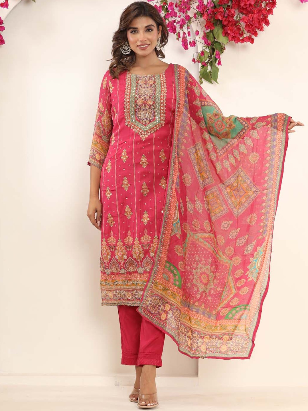 

Meena Bazaar Floral Printed Sequinned Kurta With Trousers & Dupatta, Pink