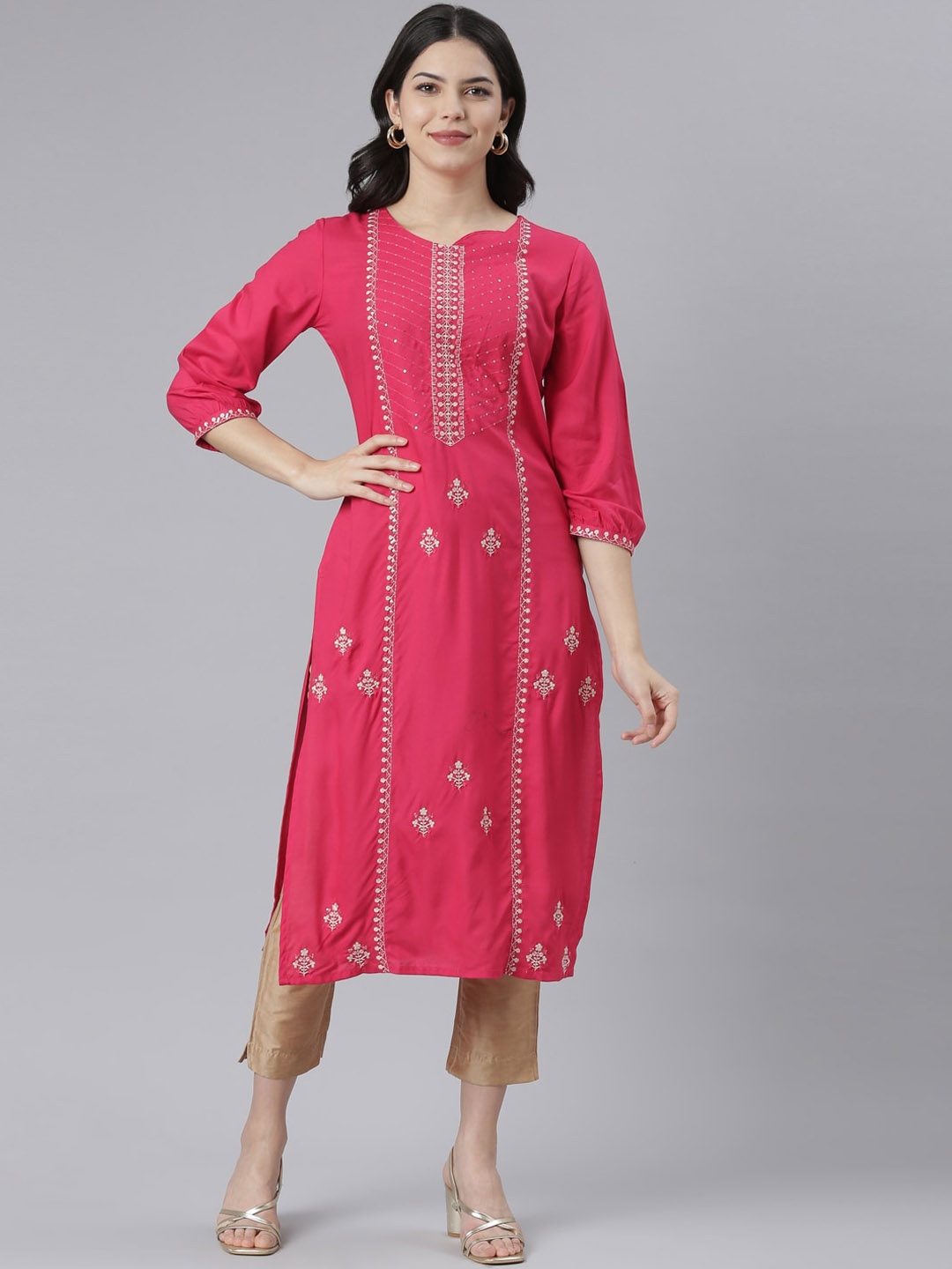 

Neerus Ethnic Motifs Embroidered Sequined Regular Straight Kurta, Pink