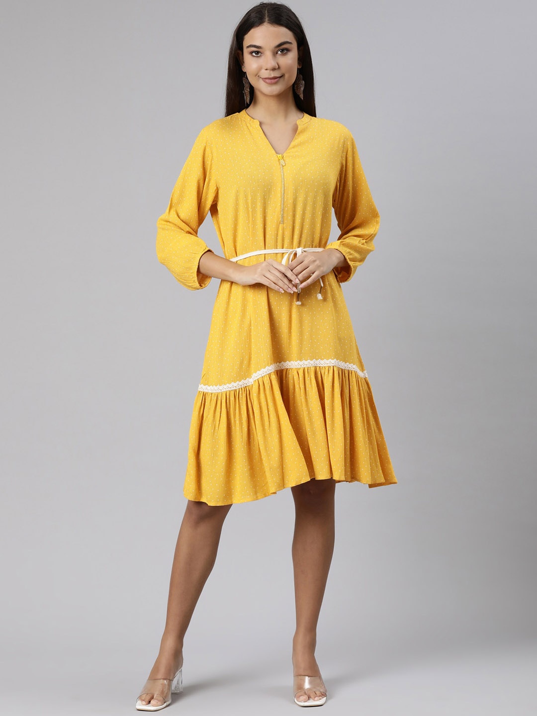 

Neerus Polka Dot Printed Mandarin Collar A-Line Dress, Mustard