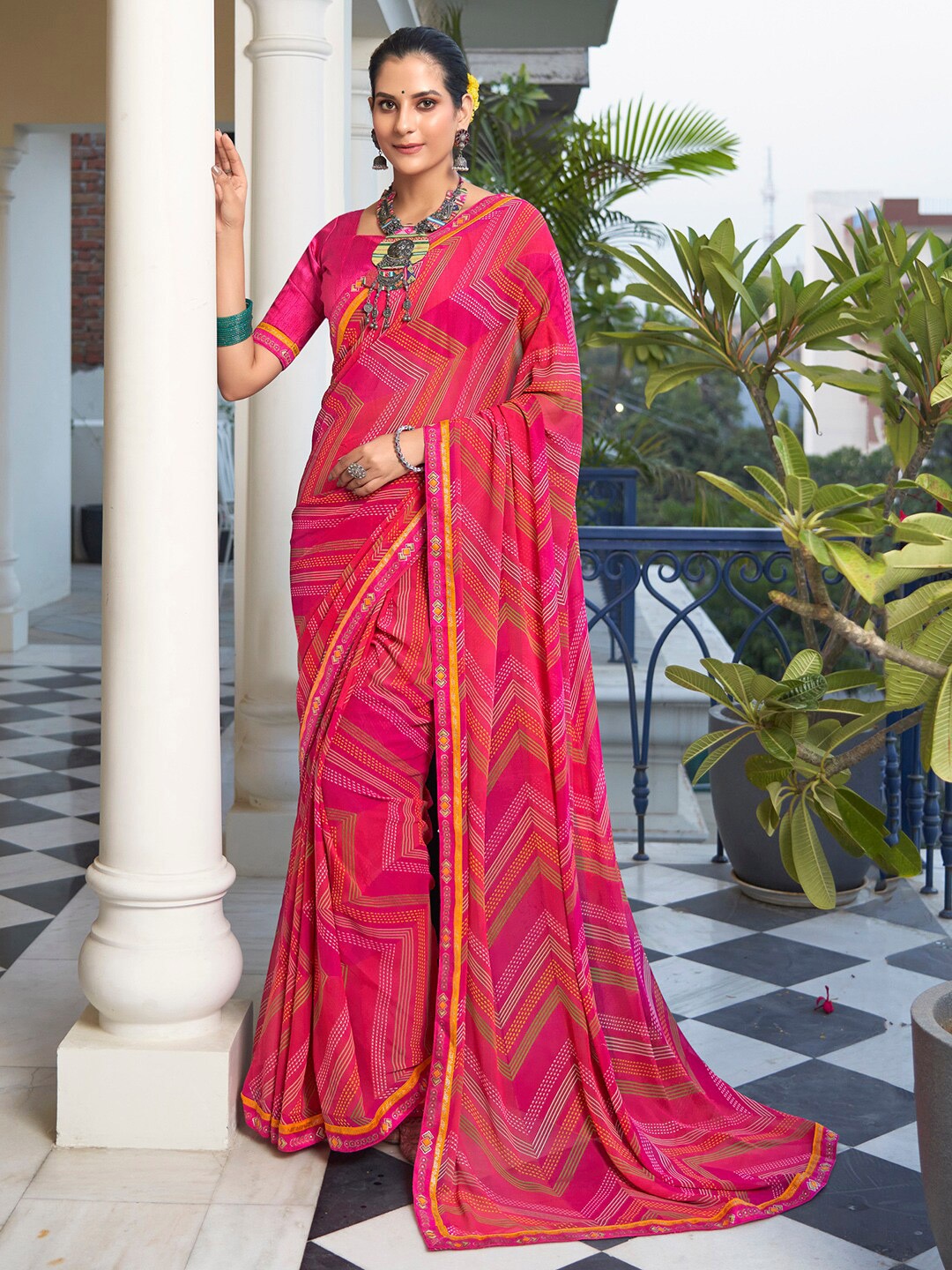 

Saree mall Poly Georgette Designer Bagru Sarees, Pink