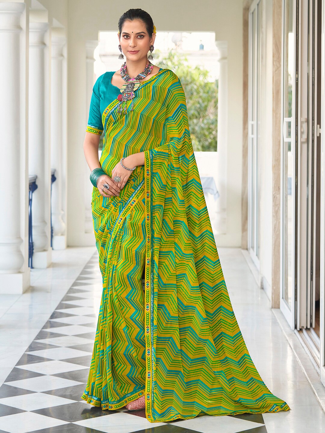 

Saree mall Pure Georgette Designer Bagru Sarees, Yellow