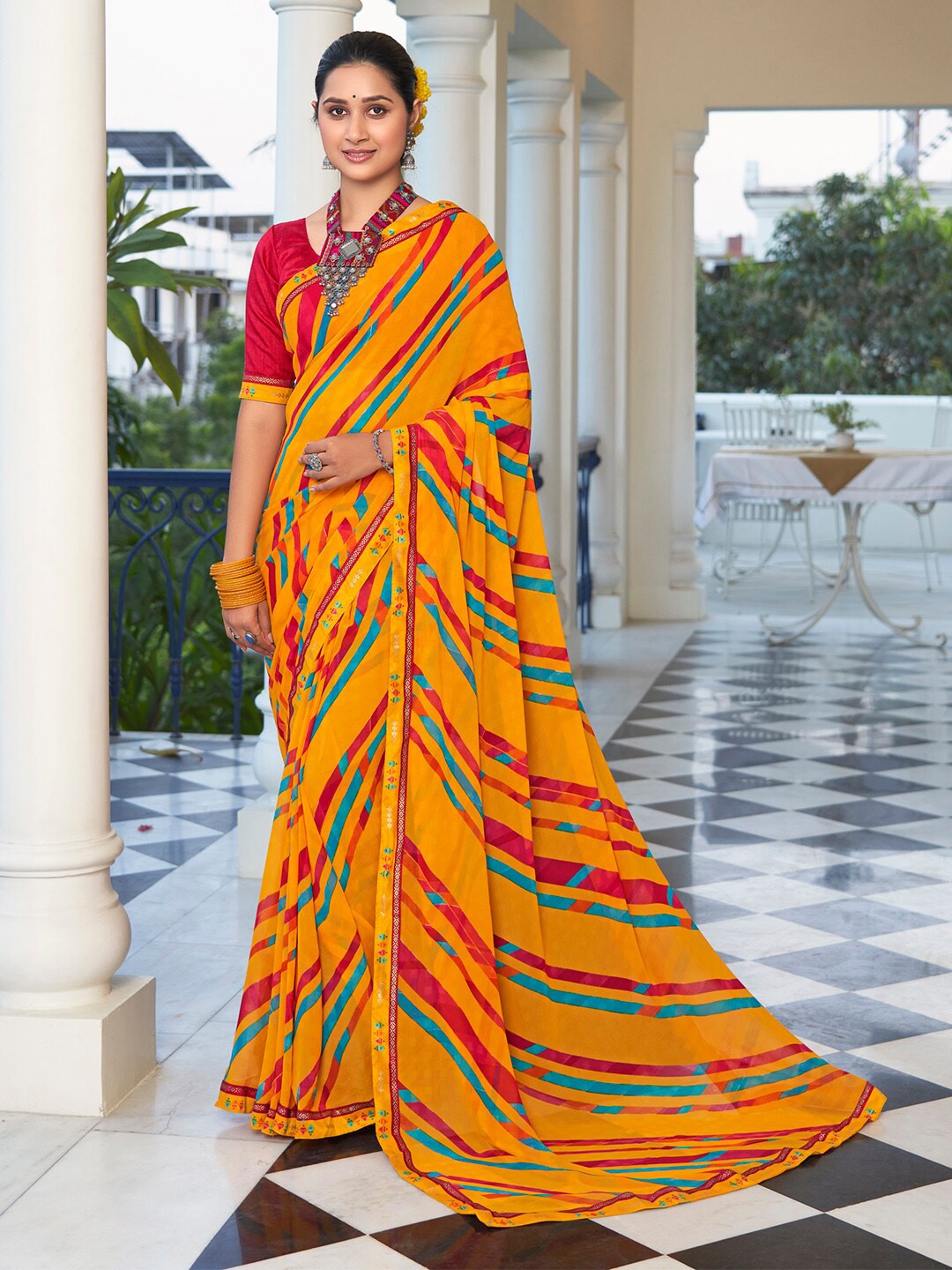 

Saree mall Leheriya Pure Georgette Designer Bagru Sarees, Yellow