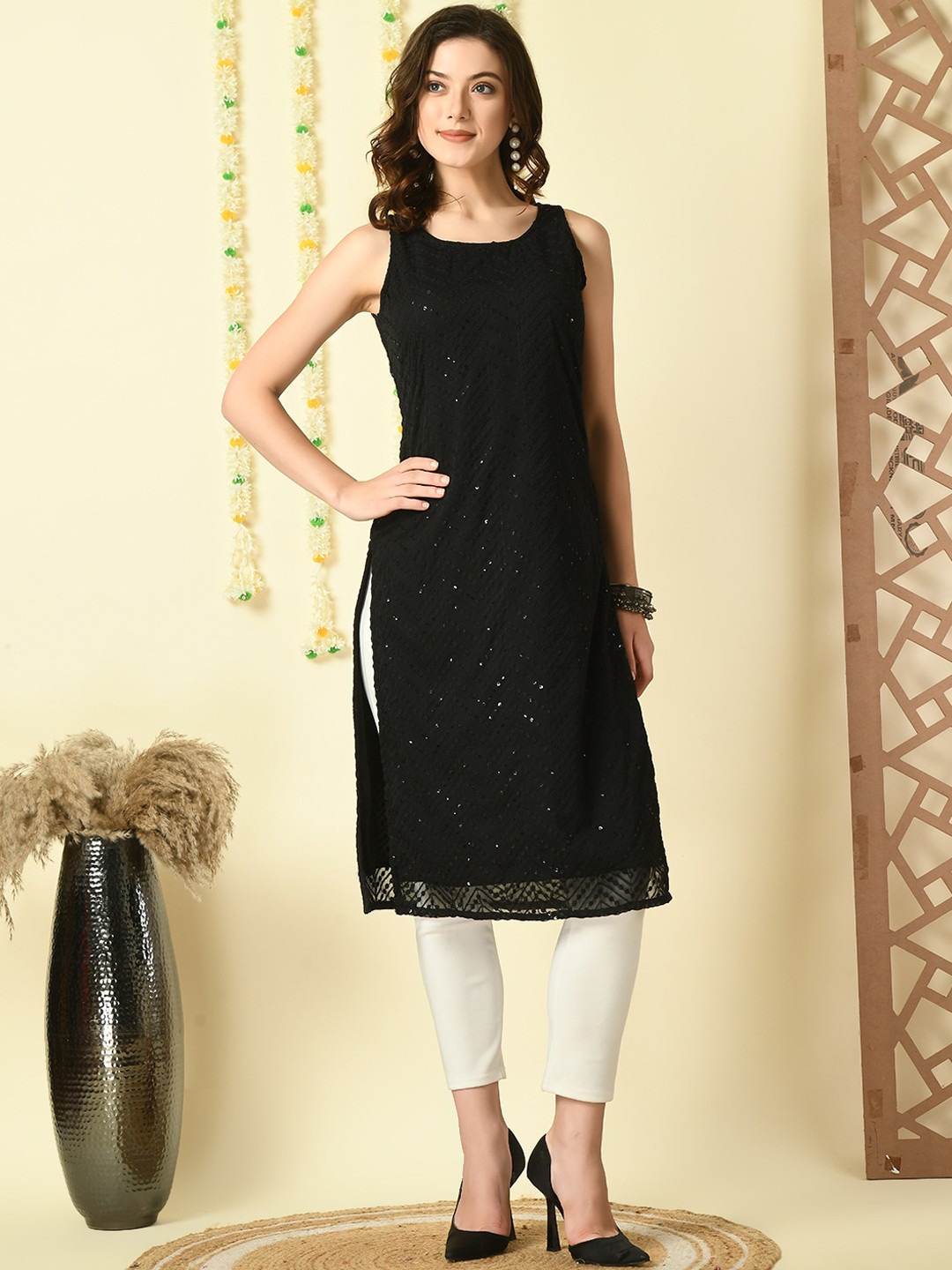 

KALINI Geometric Embroidered Sequins Dobby Georgette Kurta, Black