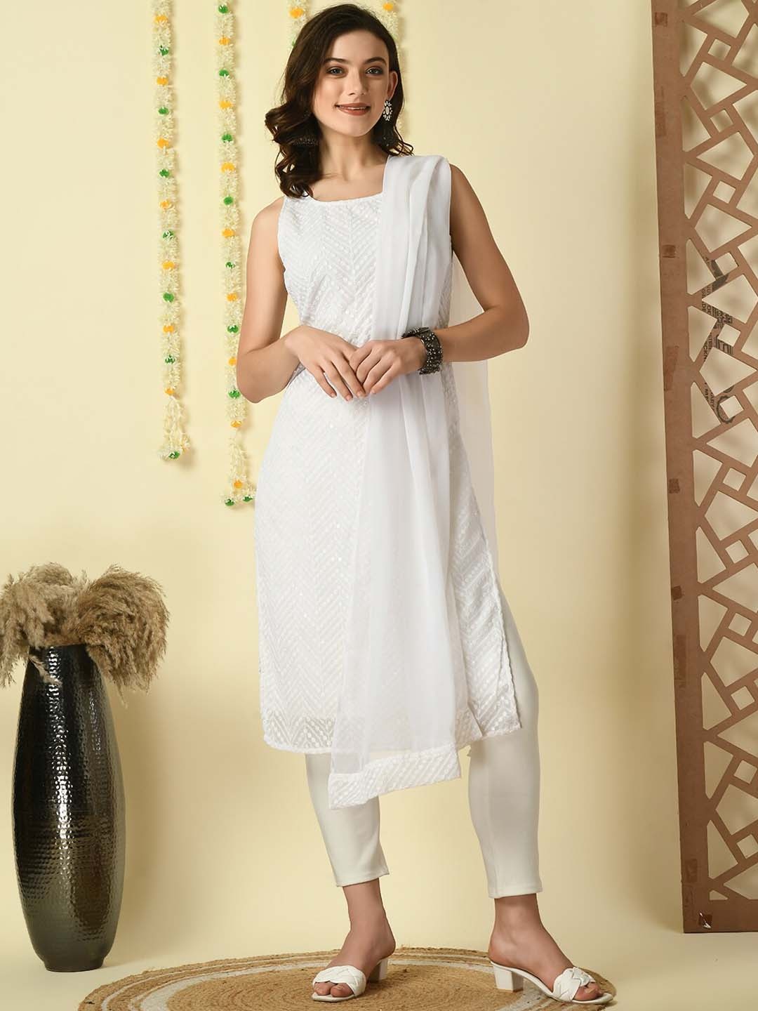 

KALINI Floral Embroidered Thread Work Kurta With Dupatta, White