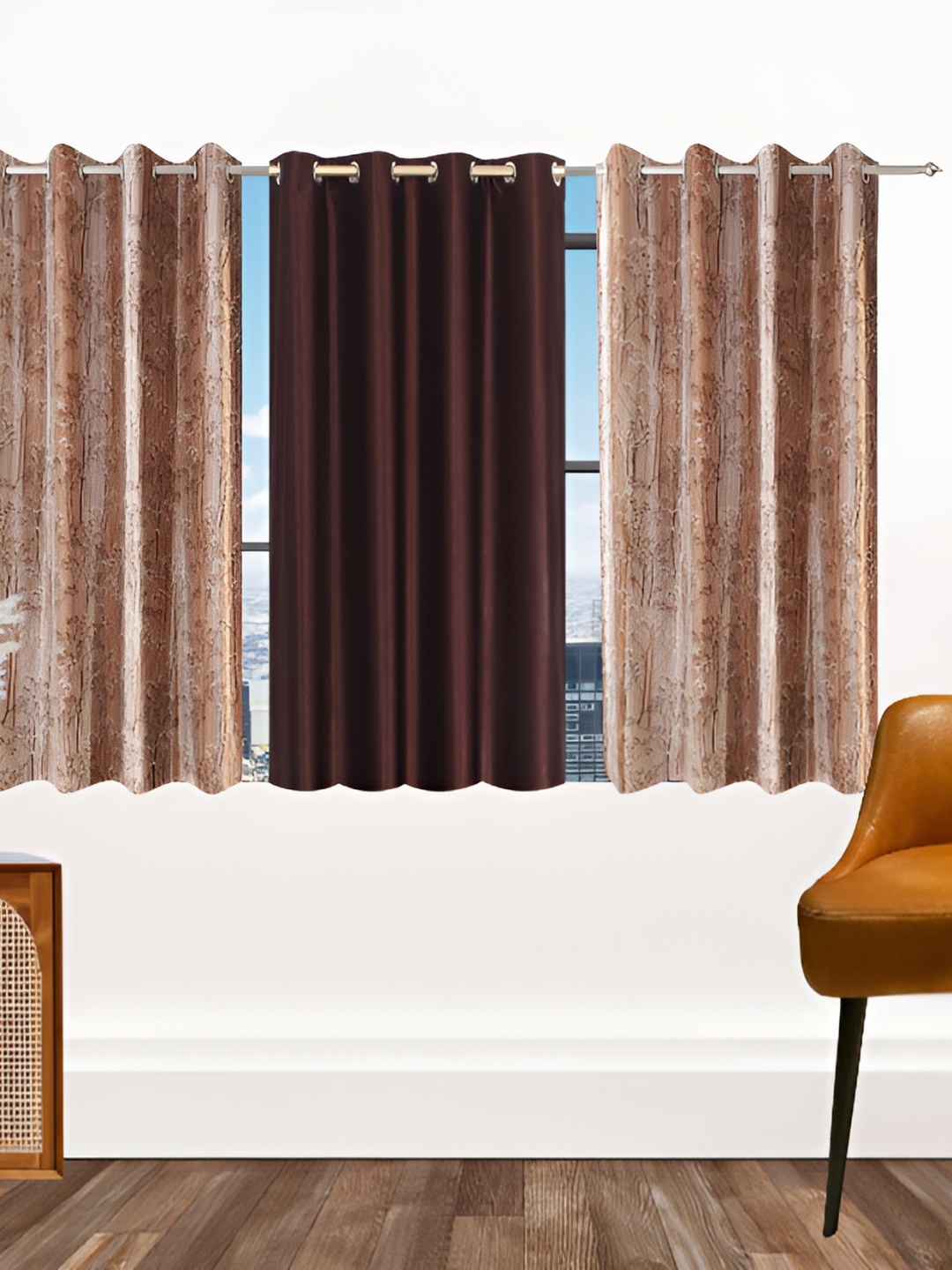 

Ville Style Brown & Beige 3 Pieces Floral Room Darkening Window Curtains