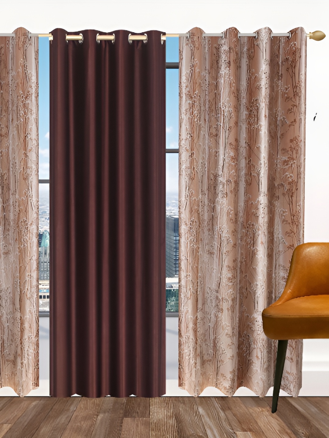 

Ville Style Brown & Beige 3 Pieces Floral Room Darkening Door Curtains