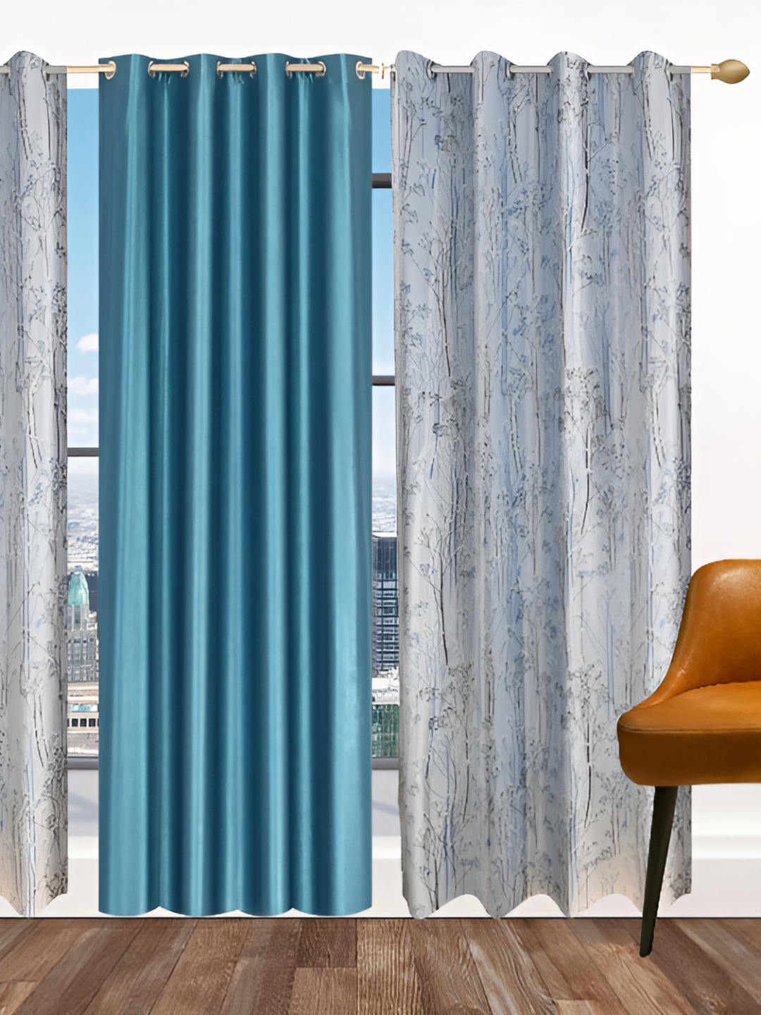 

Ville Style Blue & Grey 3 Pcs Floral Room Darkening Door Curtains