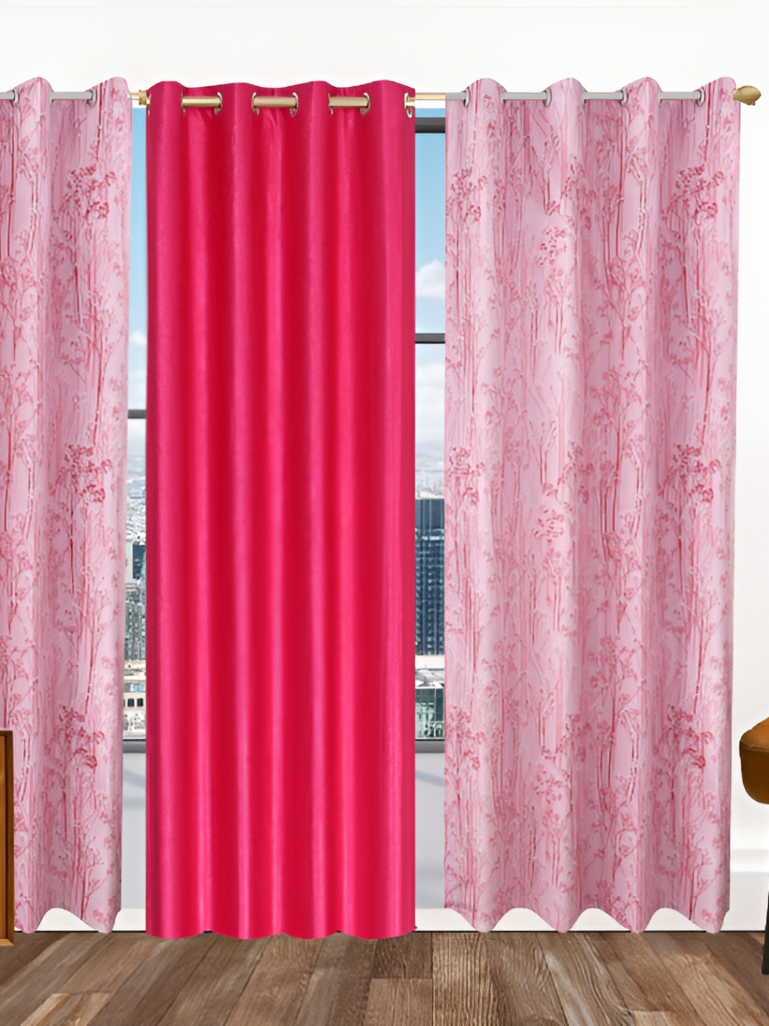 

Ville Style Pink & Peach 3 Pieces Floral Room Darkening Long Door Curtains