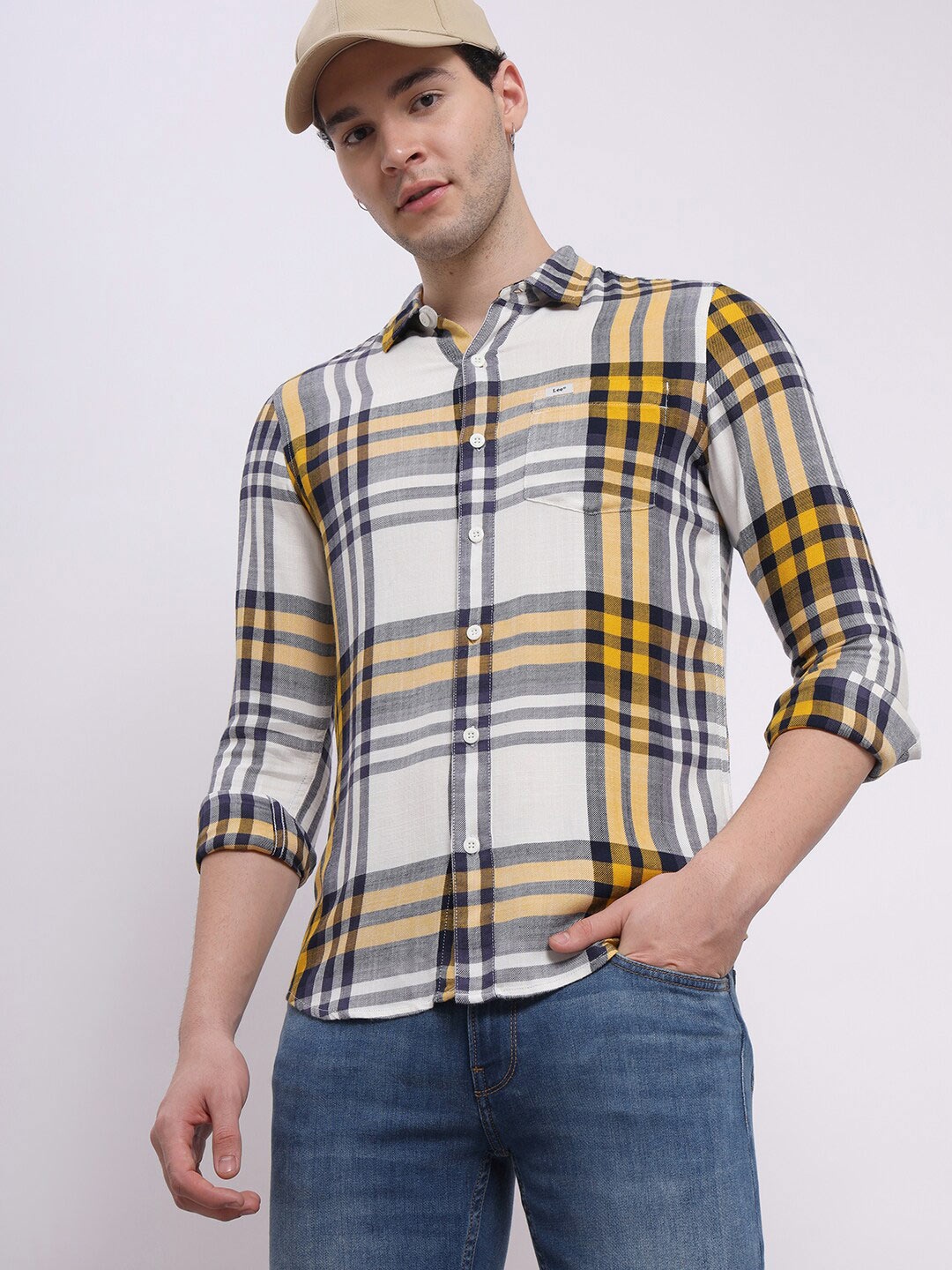

Lee Slim Fit Tartan Checked Spread Collar Twill Casual Shirt, Yellow