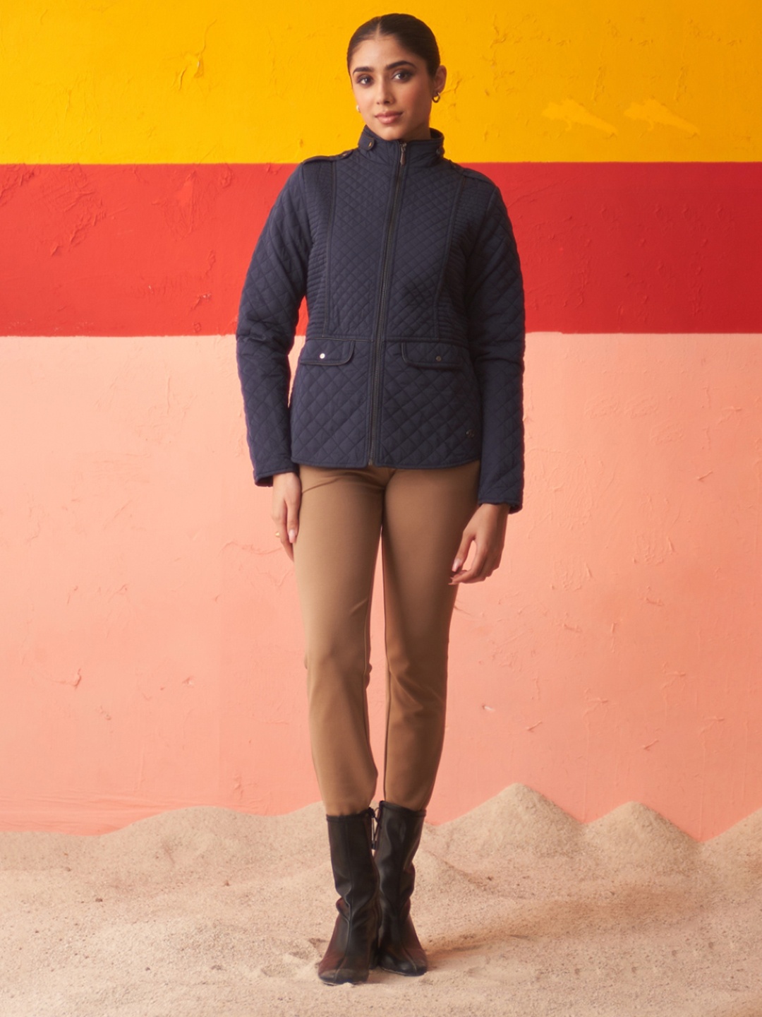 

Lakshita Stand Collar Quilted Jacket, Navy blue