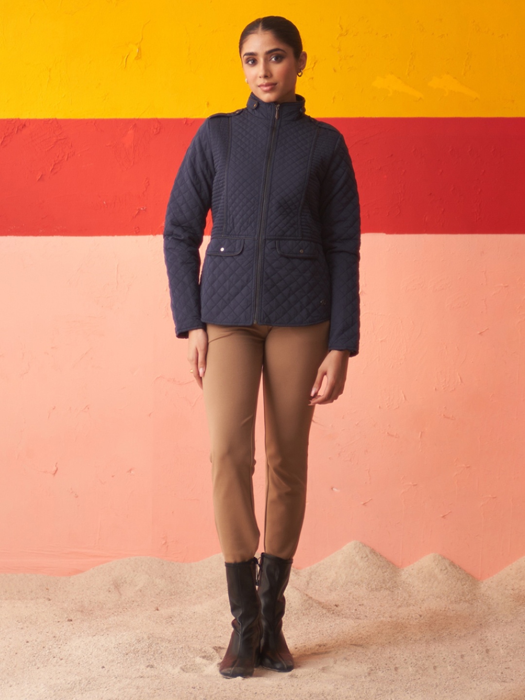 

Lakshita Stand Collar Quilted Jacket, Navy blue