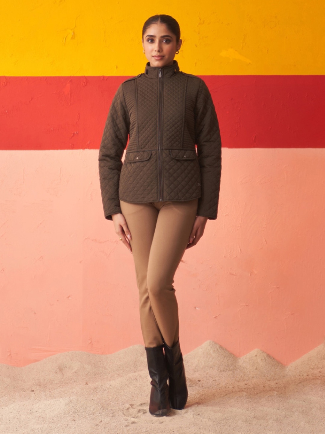 

Lakshita Stand Collar Quilted Jacket, Olive