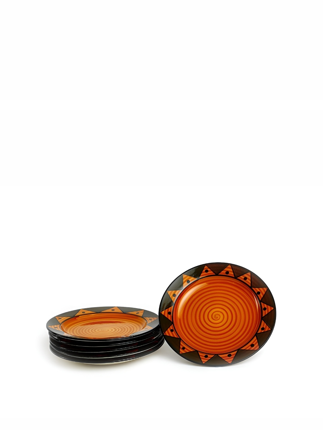 

caffeine Black & Orange 6 Pieces Geometric Print Ceramic Microwave Safe Dinner Plates