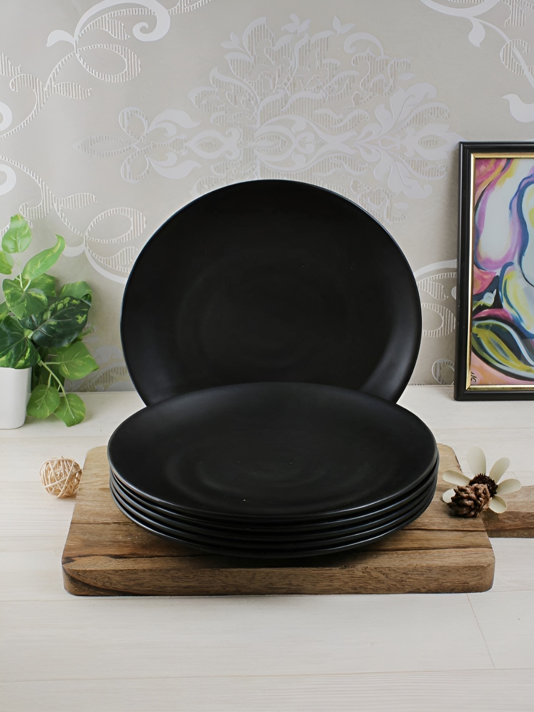 

caffeine Black 6 Pieces Ceramic Microwave Safe Dinner Plates