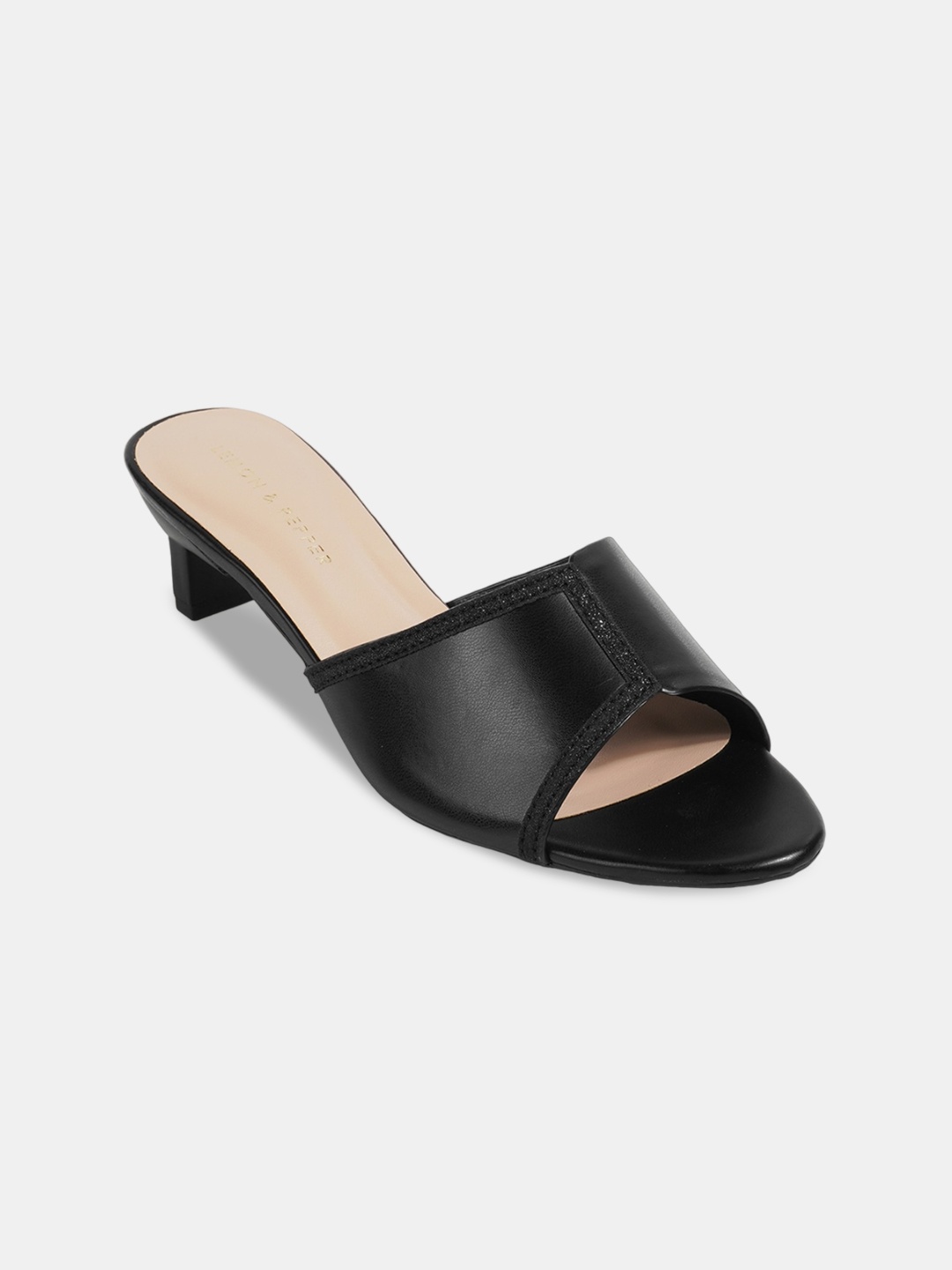 

LEMON & PEPPER Textured Open Toe Block Mules, Black