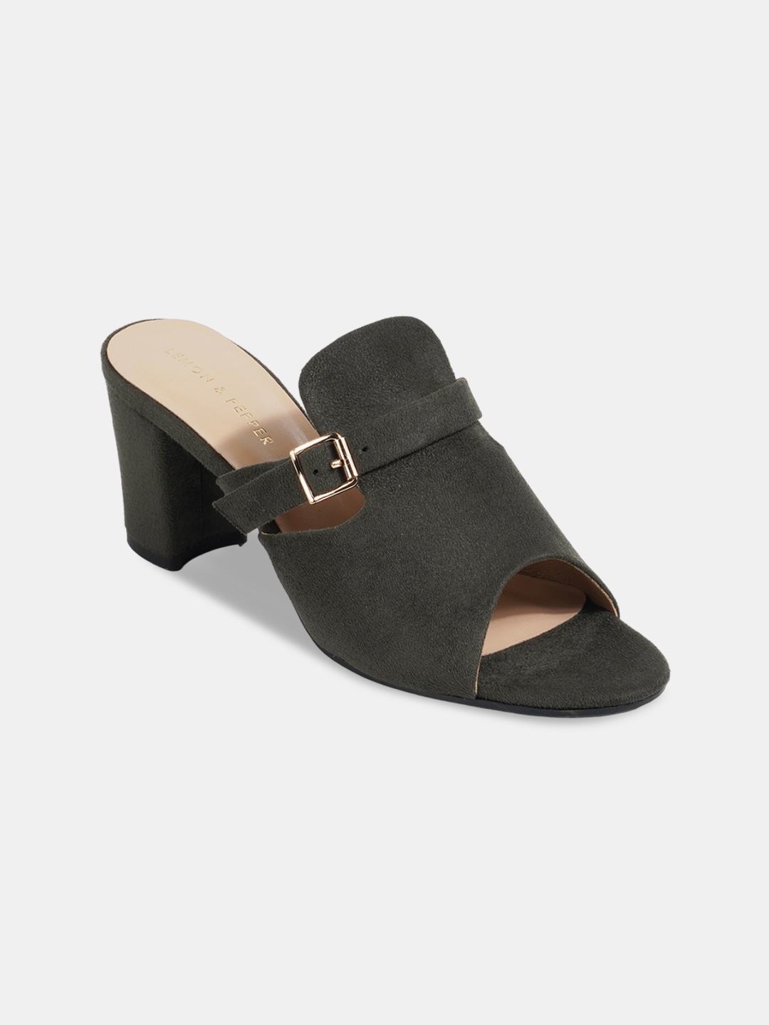 

LEMON & PEPPER Open Toe Suede Block Mules With Buckle Detail, Olive