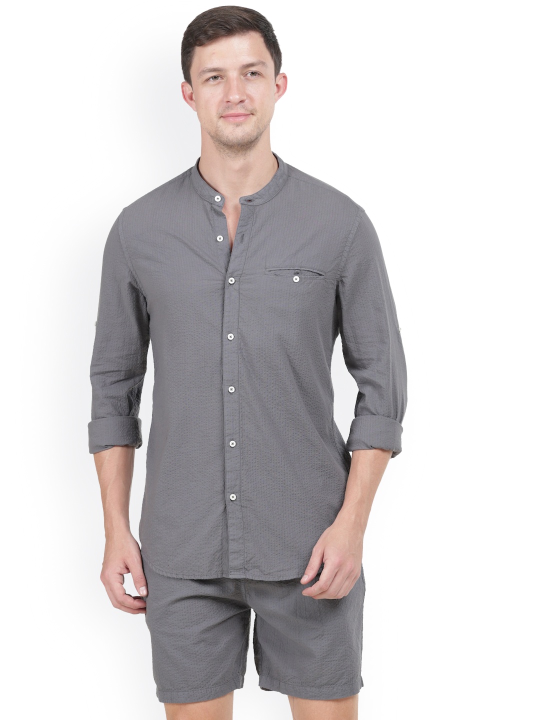 

POE Mid-Rise Pure Cotton Band Collar Shirt With Shorts, Grey