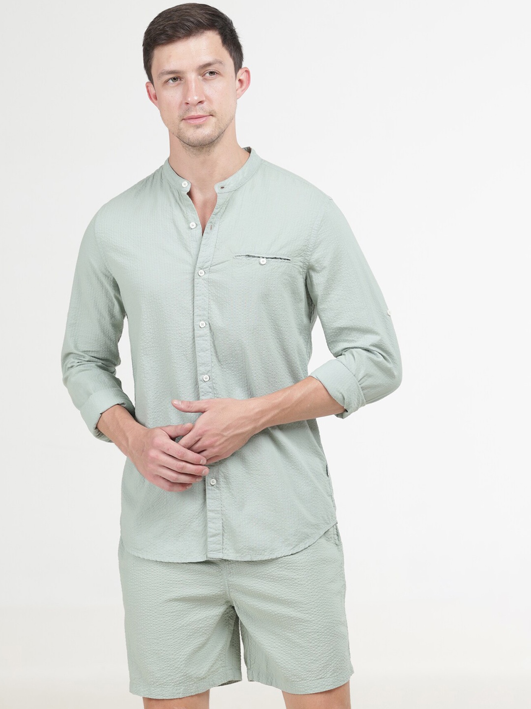 

POE Band Collar Pure Cotton Shirt With Shorts, Green