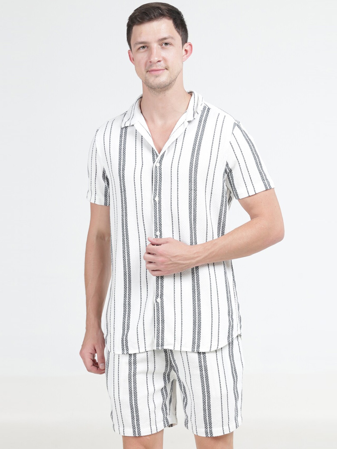 

POE Striped Cuban Collar Pure Cotton Shirt With Shorts, White