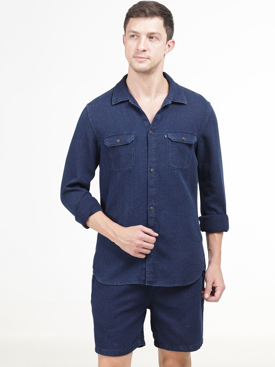 

POE Cuban Collar Pure Cotton Shirt With Shorts, Navy blue
