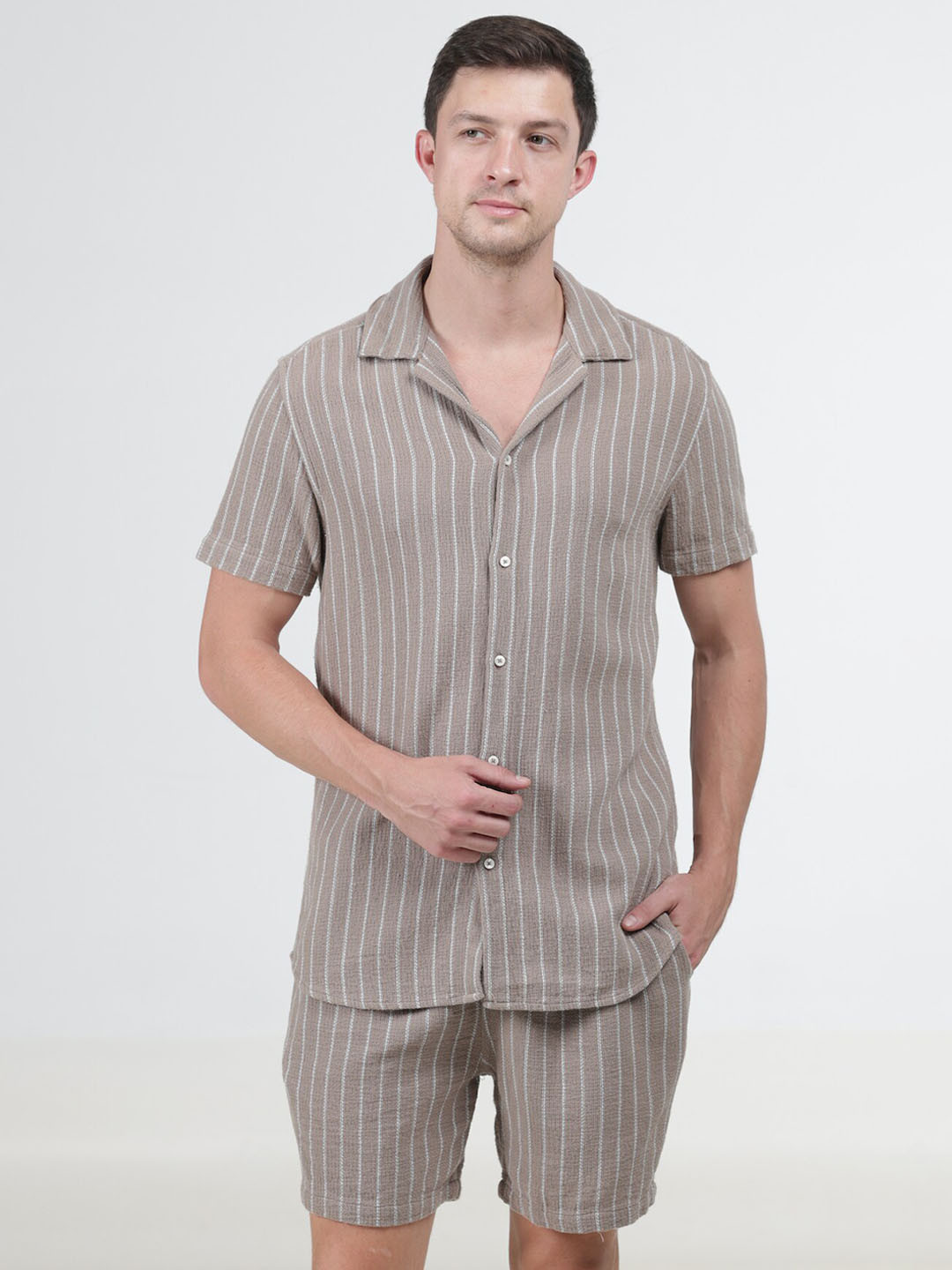 

POE Striped Cuban Collar Pure Cotton Shirt With Shorts, Beige