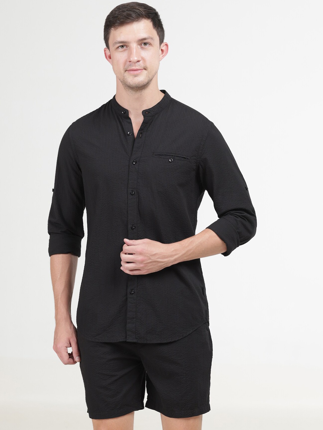 

POE Band Collar Pure Cotton Shirt With Shorts, Black