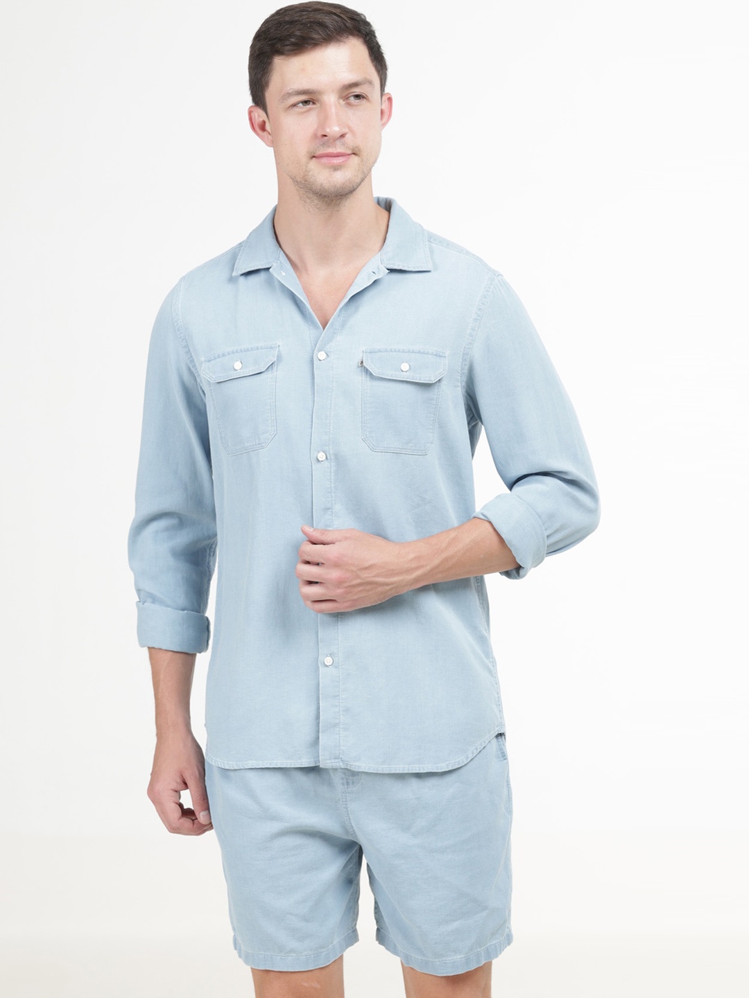 

POE Shirt Collar Pure Cotton Shirt With Shorts, Blue