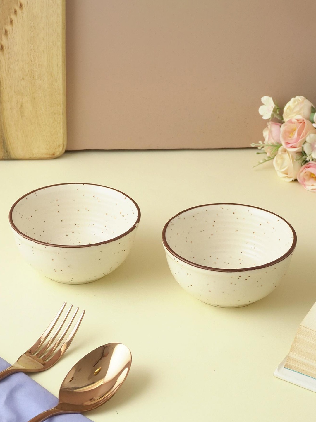 The Decor Mart Beige & Brown 2 Pieces Ceramic Glossy Bowls
