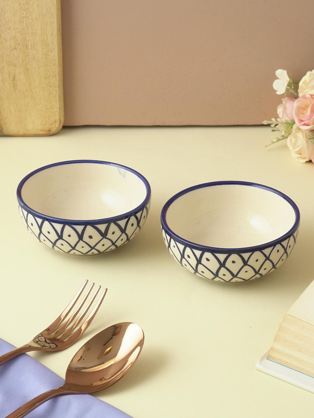 

The Decor Mart Blue & Off White 2 Pieces Textured Ceramic Glossy Bowls