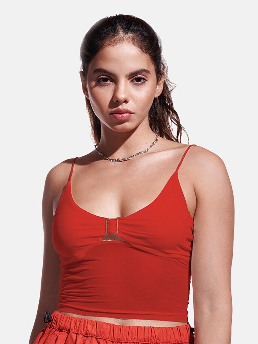 

IZF Shoulder Straps Sleeveless Cut-Outs Crop Tank Top, Red
