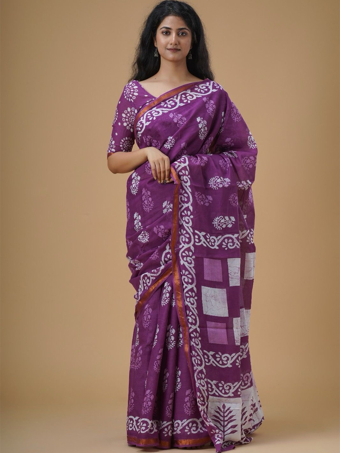 

JALTHER Kalamkari Pure Cotton Ikat Saree, Purple