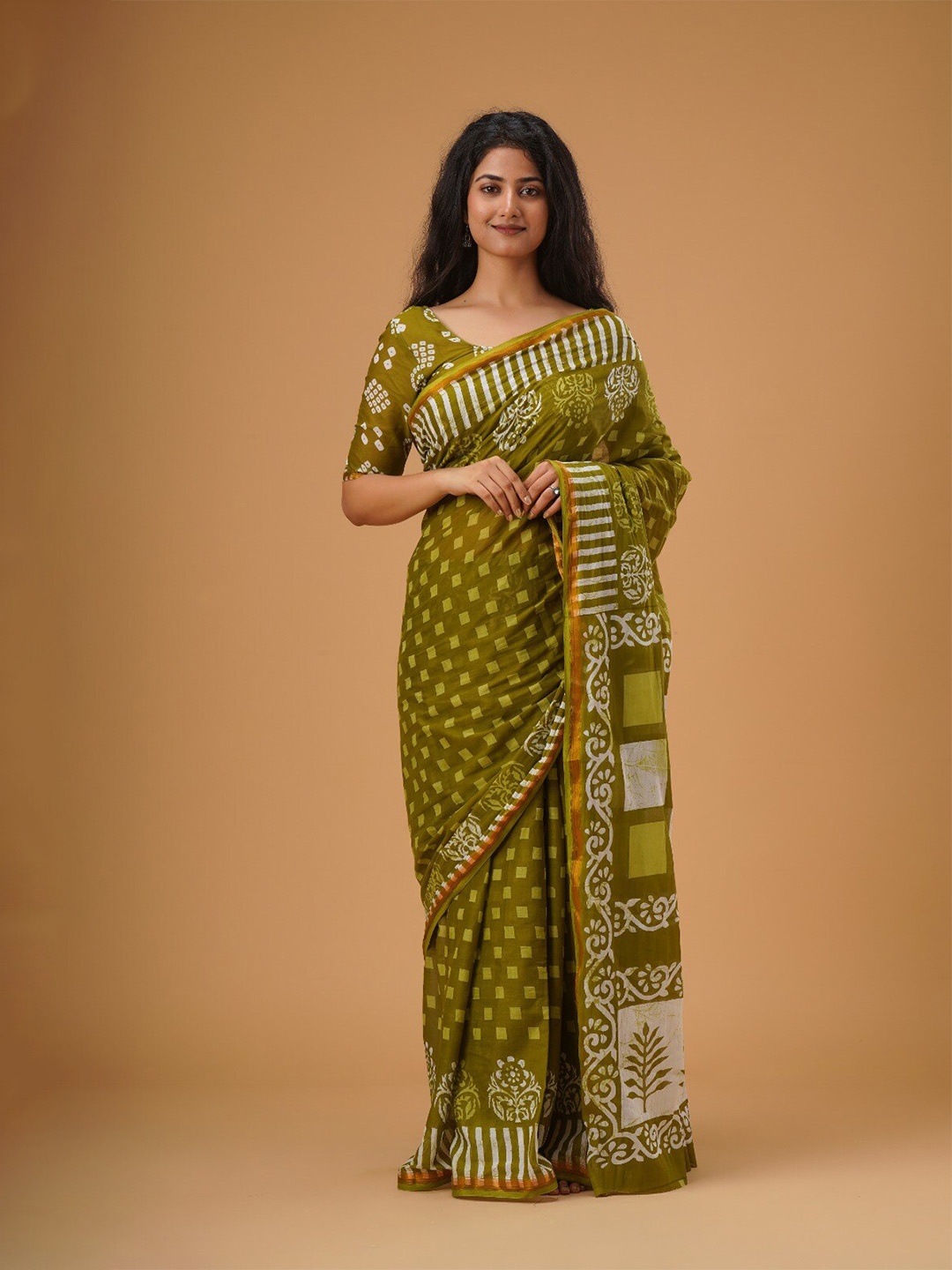 

JALTHER Kalamkari Pure Cotton Ikat Saree, Green