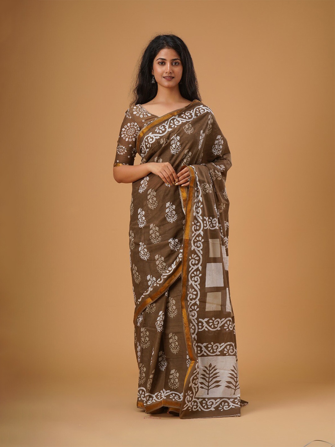 

JALTHER Kalamkari Pure Cotton Ikat Saree, Brown