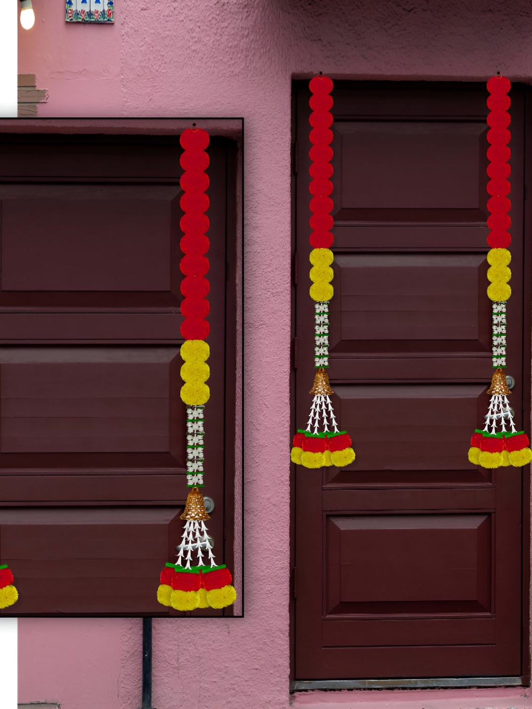 

iHandikart Red Yellow 2 Pieces Hanging Marigold With Jasmine Garland Artificial Flower