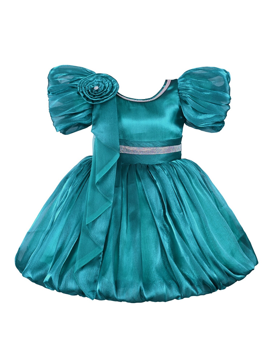 

Wish Karo Girls Round Neck Puff Sleeve Embellished Silk Fit & Flare Dress, Green